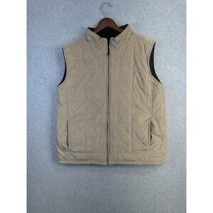Weather Wear Quilted Faux Suede Puffer Vest Sz M Fleece Lined Tan Black Pockets